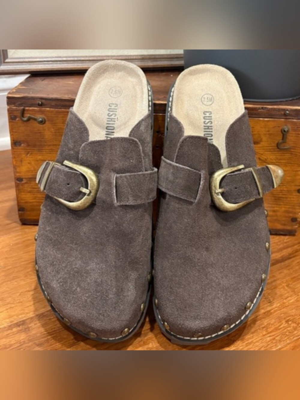 Brown Suede Slip-On Clog with Brass Buckle